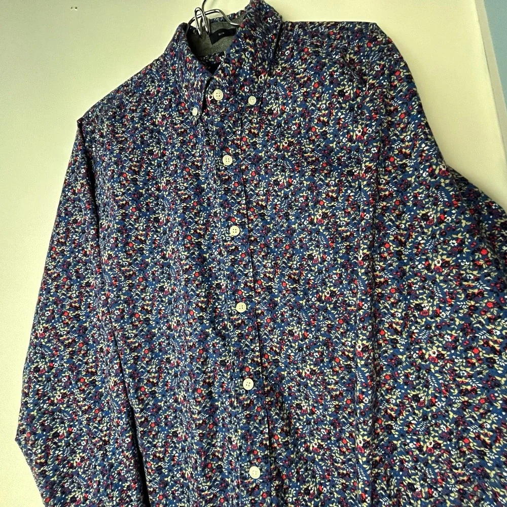 J. Crew Dark Blue Floral Button-down‎ Slim Shirt Men's Medium.
